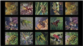 Amazing Frogs 15 Frogs on Black Panel 100% Cotton Print Fabric